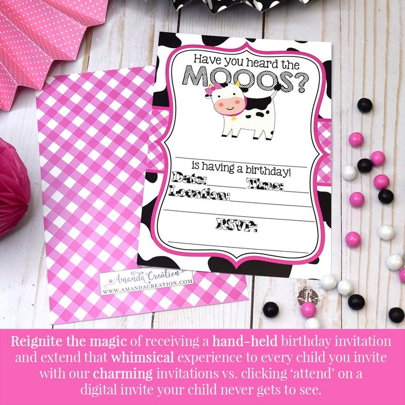 Amanda Creation Heard the Moos Pink Cow-Themed Birthday Party Invitations for Kids, 20 5x7 Fill In Cards with Twenty White Envelopes by AmandaCreation - Image 4